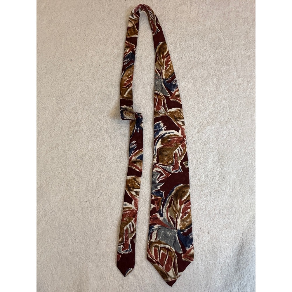 Bugatti Mens Silk‎ Tie Burgundy Gold Abstract Leaf Print Italian Silk Necktie